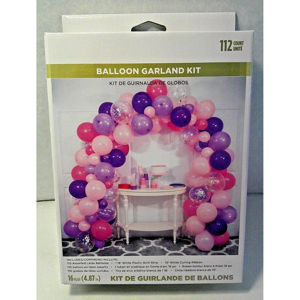 112 Piece BALLOON GARLAND KIT - Pink, Purple, Clear w/Arch Strip & Ribbon